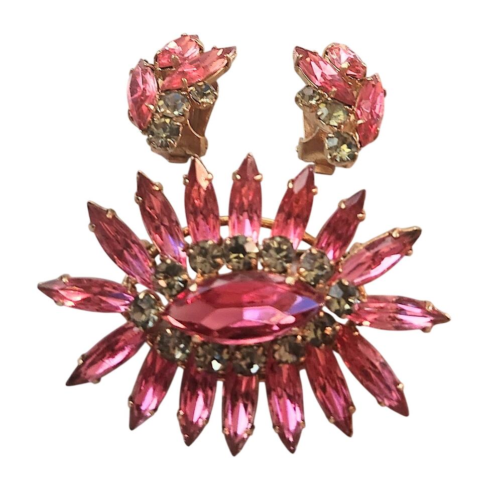 Vintage Austrian Pink Navette Rhinestone Demi Parure Brooch Clip Earrings